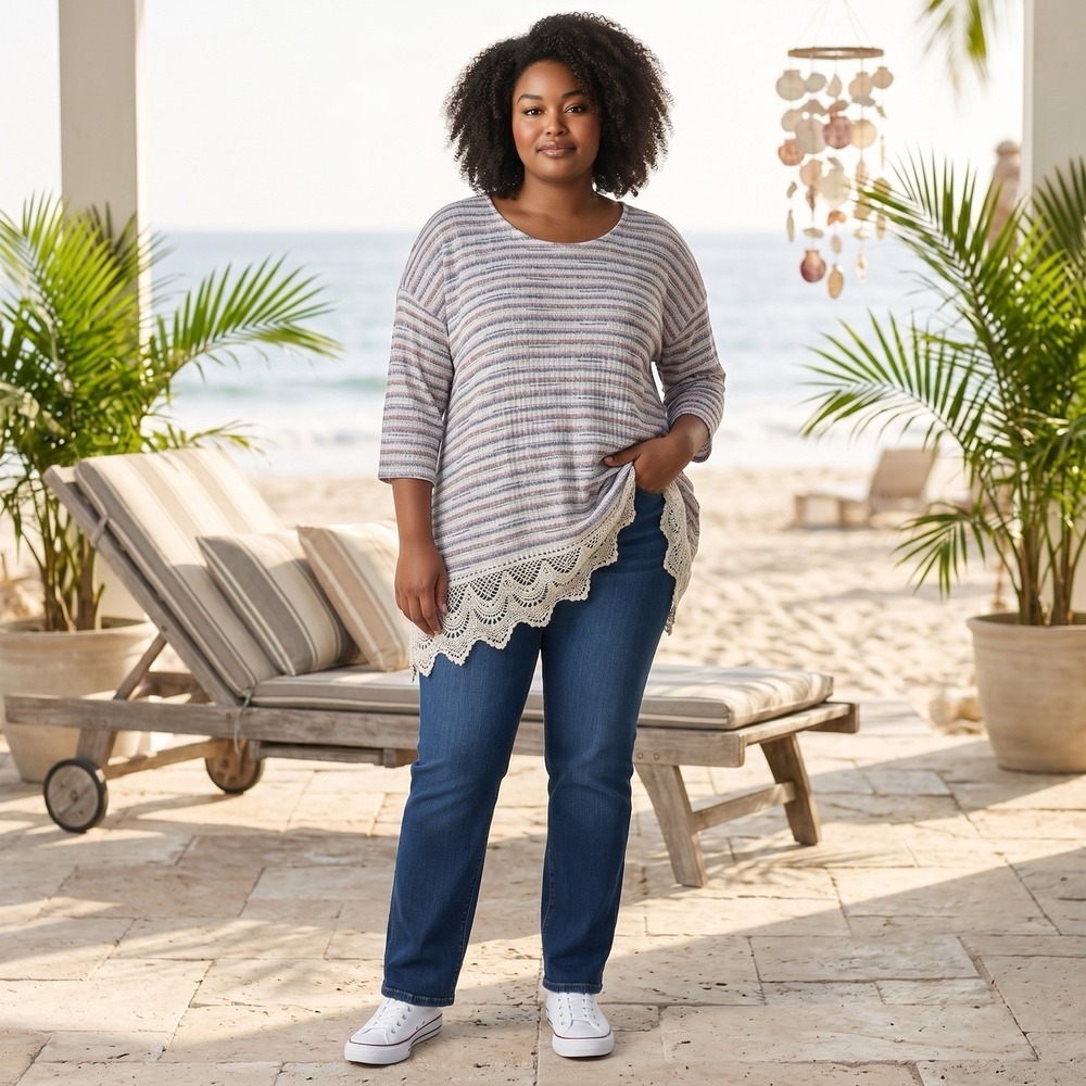 Faded Glory Striped Tunic Top Women's 2X Crochet Hem Boho Plus Size